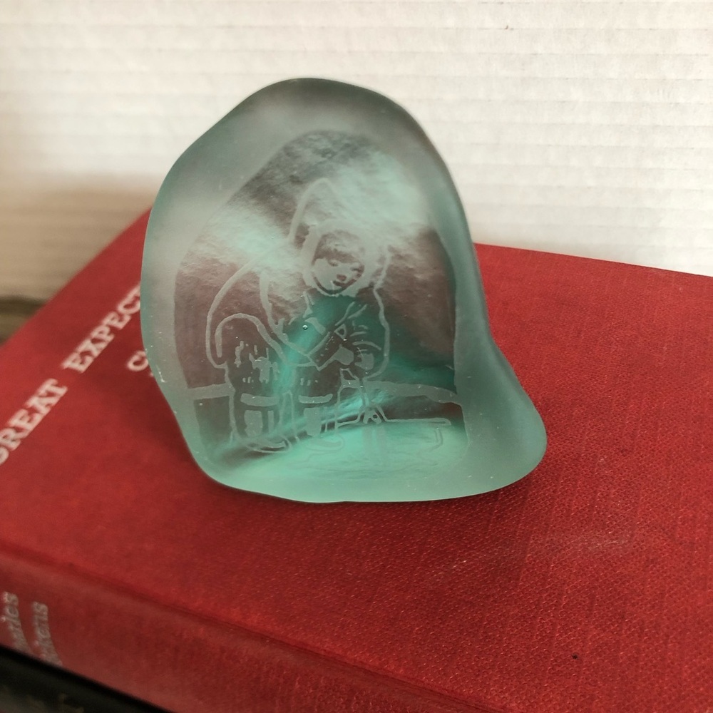 Etched Sea Art Glass Paperweight